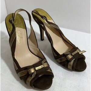 Cole Haan Air Strappy Brown Suede Gold  Metallic Heels 4” Womens Size 8B